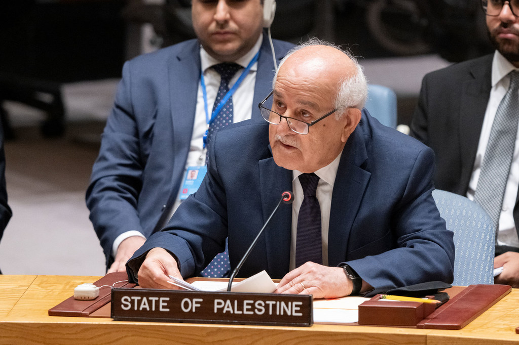 Riyad Mansour, Permanent Observer of the State of Palestine to the UN, addresses the Security Council meeting on the situation in Gaza.