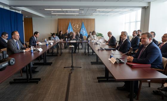 Secretary-General António Guterres (centre) holds an informal meeting on Cyprus. Participants (from left): Georgios Gerapetritis, Minister for Foreign Affairs of the Hellenic Republic; Nikos Christodoulides, Leader of the Greek Cypriot Community; Rosemar…