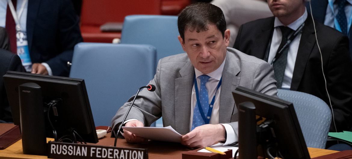 Dmitry A. Polyanskiy, Deputy Permanent Representative of the Russian Federation to the United Nations, addresses the Security Council meeting on threats to international peace and security.