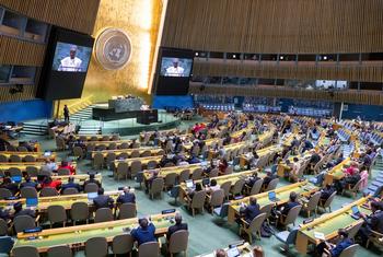 La salle de l'Assemblée générale des Nations Unies lors de la session extraordinaire sur la Palestine.