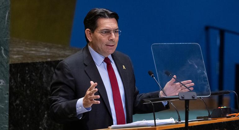 Israel's Permanent Representative to the United Nations, Ambassador Danny Danon, addresses the General Assembly's emergency special session on the issue of Palestine (17 September 2024).