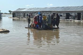 Families wade through floodwaters to access a water point at a site for internally displaced people in Dikwa in Nigeria's north-eastern Borno State.