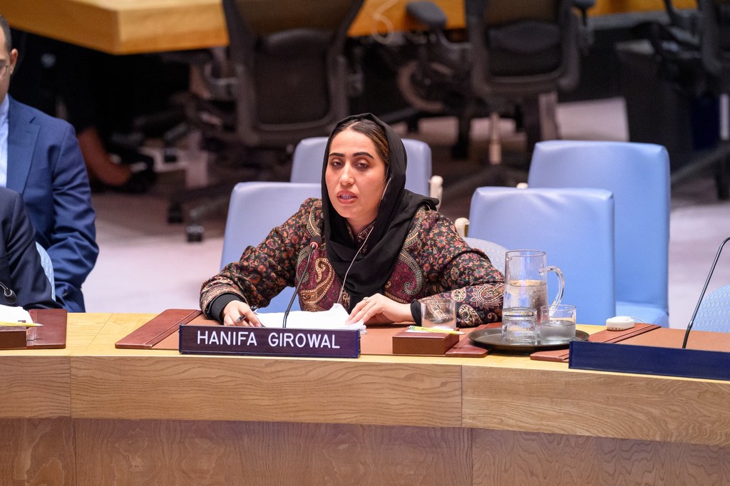 Hanifa Girowal briefs the Security Council meeting on the situation in Afghanistan.