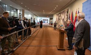 Secretary-General António Guterres briefs reporters at United Nations Headquarters in New York.