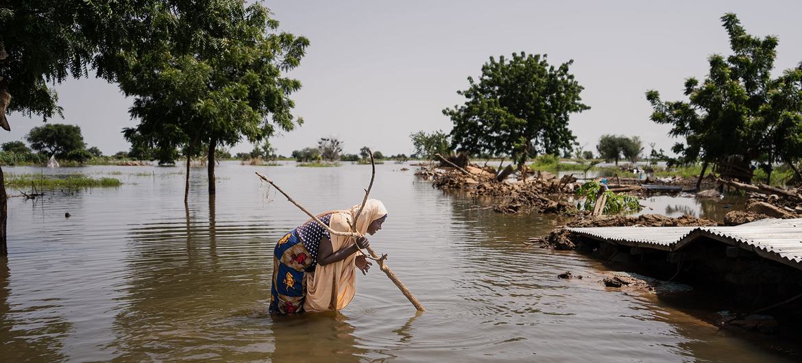 नाइजीरिया के जाकूस्को में एक महिला बाढ़ के पानी से गुज़र रही है.
