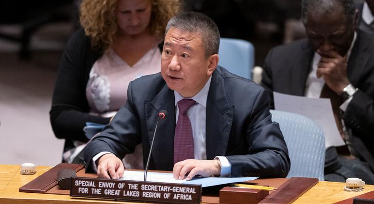 UN Special Envoy Huang Xia briefs the Security Council on the implementation of the Peace, Security and Cooperation Framework for the Democratic Republic of the Congo and the Region during a meeting on the situation in the Great Lakes region.