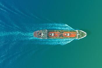 Aerial view of an oil tanker ship at sea.