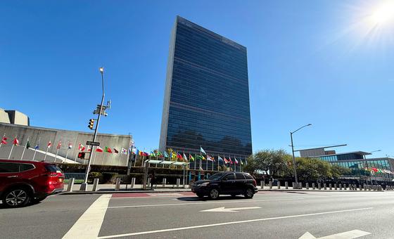 The Secretariat building with flags of Member States in the foreground, at UN Headquarters, in New York.