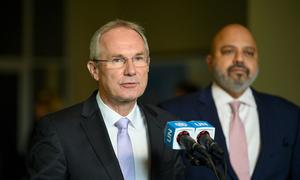 Csaba Kőrösi, President of the 77th session of the UN General Assembly,   briefs reporters following the plenary meeting on Security Council reform.