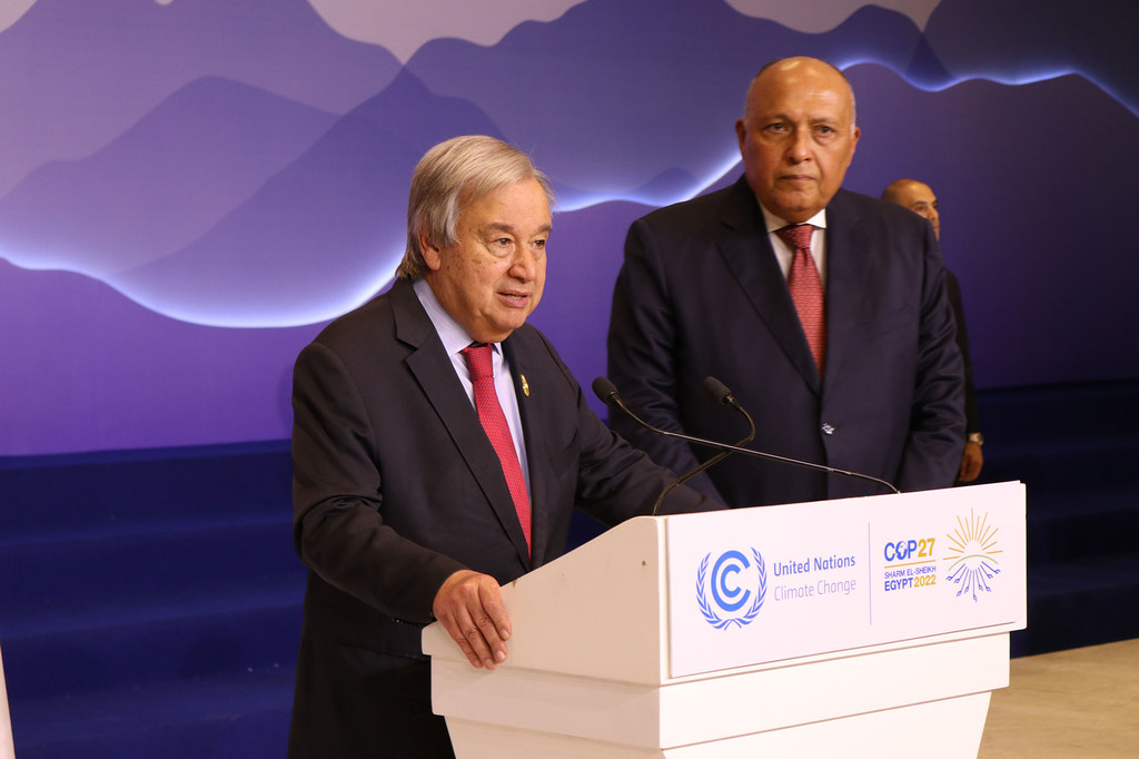 UN Secretary-General António Guterres speaks at the COP27 stakeout with COP27 President, Sameh Shoukry, standing to his right.