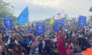 People protest for reparations for stolen land at COP27 in Sharm El-Sheikh in Egypt.