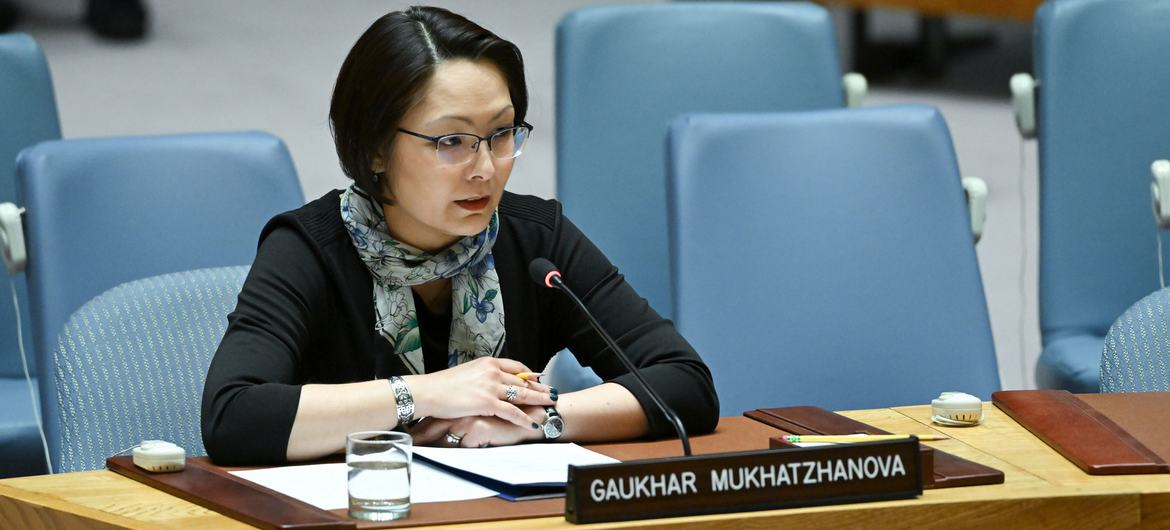 Гаухар Мухатжанова, директор Программы международных организациий и нераспространению Венского центра по разоружению и нераспространению, выступает на заседании Совета Безопасности по вопросам ядерного разоружения и нераспространения (архив).