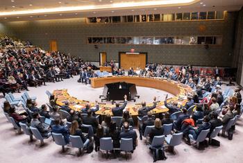 联合国安理会就一项决议举行会议的广角镜头，该决议授权在加沙设立和平委员会和国际稳定部队。