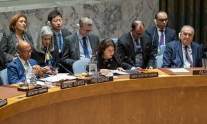 Rosemary DiCarlo (center), Under-Secretary-General for Political and Peacebuilding Affairs, briefs the Security Council.