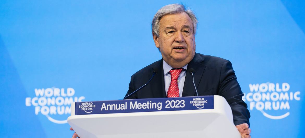 El Secretario General de la ONU, Antonio Guterres, pronuncia un discurso en el Foro Económico Mundial (FEM), en Davos (Suiza).