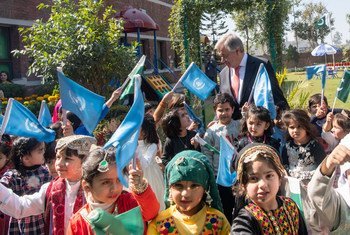 UN Secretary-General António Guterres meets local children in Kartapur, in the Pakistani province of Punjab, in February 2020..