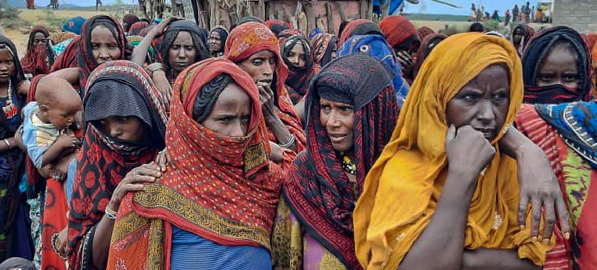 A group of internally displaced people due to the Tigray conflict gather in a site in Ethiopia's Afar region, Ethiopia.