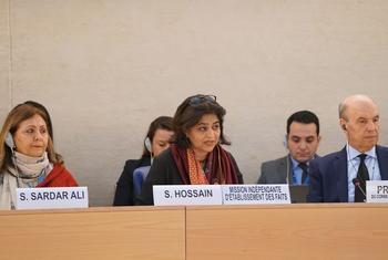 Sara Hossain, Chair of the International Fact-Finding Mission on Iran, presenting a report to the Human Rights Council