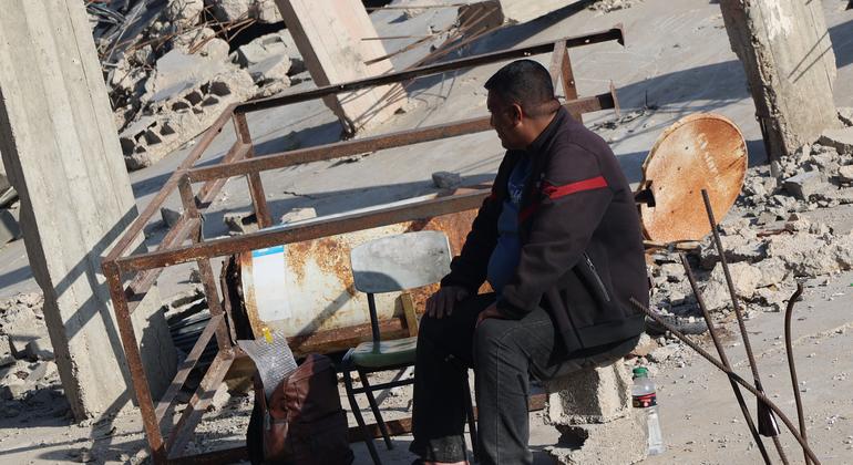 Ramadan Kutkut near the ruins of his house in Jabalia. They understand how to make life cover.