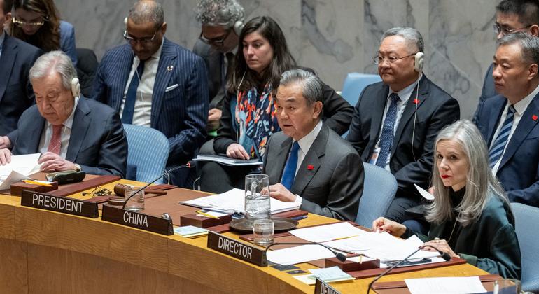 Wang Yi (centre), Minister for Foreign Affairs of the People’s Republic of China, chairs the Security Council meeting on maintenance of international peace and security with a focus on practicing multilateralism, reforming and improving global governance.