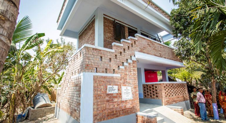 It is one of the recently built houses in Bangladesh, designed to face strong winds during the cyclone.