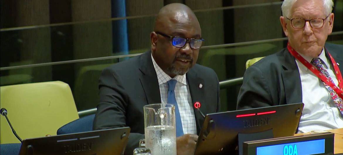 Adedeji Ebo, Director and Deputy to the UN High Representative for Disarmament Affairs, addresses a joint meeting on small arms and light weapons control for preventing violence and advancing sustainable development.