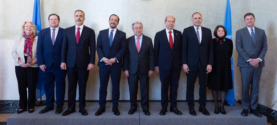 UN Secretary-General António Guterres (centre) gathers with other participants of a meeting in Geneva focused on Cyprus.