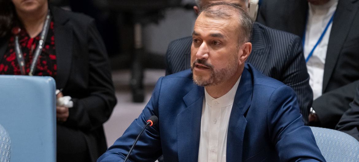 Foreign Minister Hossein Amir-Abdollahian of Iran addresses the Security Council meeting on the situation in the Middle East, including the Palestinian question.