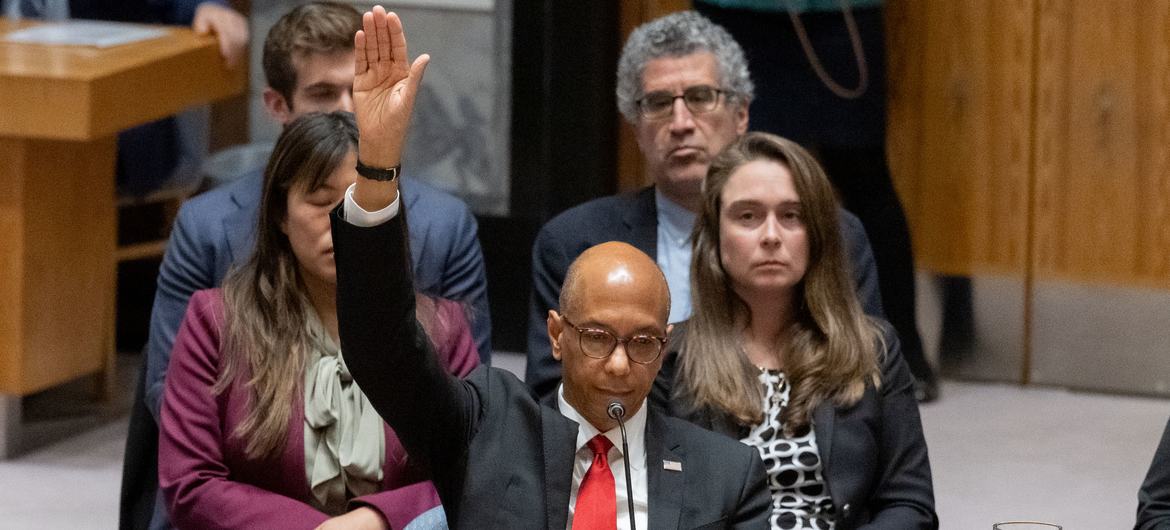 اقوام متحدہ میں امریکہ کے نائب مستقل نمائندے رابرٹ وڈ فلسطین کو اقوام متحدہ کی باقاعدہ رکنیت کی قرارداد کو سلامتی کونسل میں ویٹو کرتے ہوئے۔