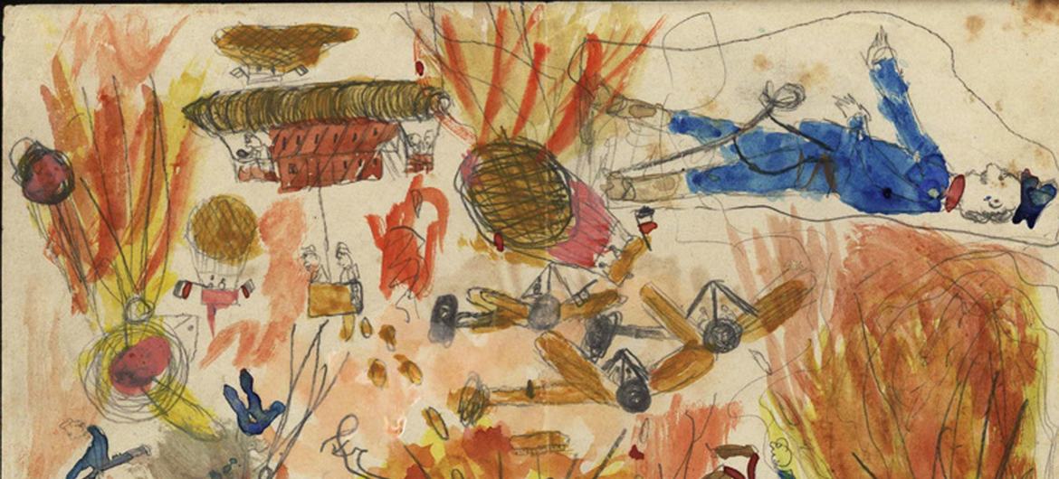 Série de 15 dessins (16 x 21 cm) d'Ernst Hopp (né en 1904), âgé de 11/12 ans, représentant des scènes de la guerre mondiale, offerts à son professeur Egon Langheinrich, qui a dû partir au front. Collection Institut für Personengeschichte. Bensheim.