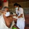印度一名卫生工作者为一名老年人接种新冠疫苗。
