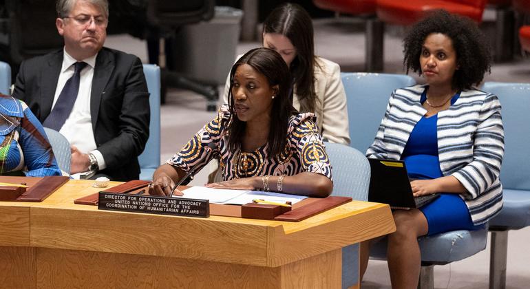 Mkuu wa kitengo cha Operesheni na Uchechemuzi kwenye Ofisi ya Umoja wa Mataifa inayohusika na masuala ya kibinadamu na kuratibu masuala ya dharura, (OCHA) Edem Wosornu, akitoa maelezo kwa Baraza la Usalama kuhusu hali ya Sudan na Sudan Kusini. (Juni 18, …