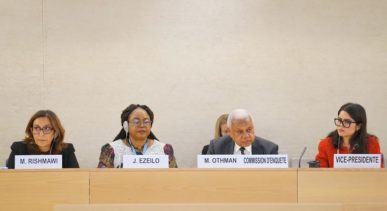 Members of the FFM with the Vice President of the Human Rights Council at the body's 56th session in Geneva.