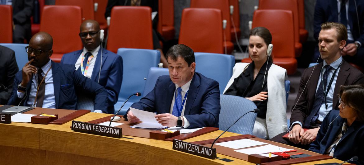 Deputy Ambassador Dmitry A. Polyanskiy (2nd left) of the Russian Federation addresses the Security Council meeting on maintenance of peace and security of Ukraine.