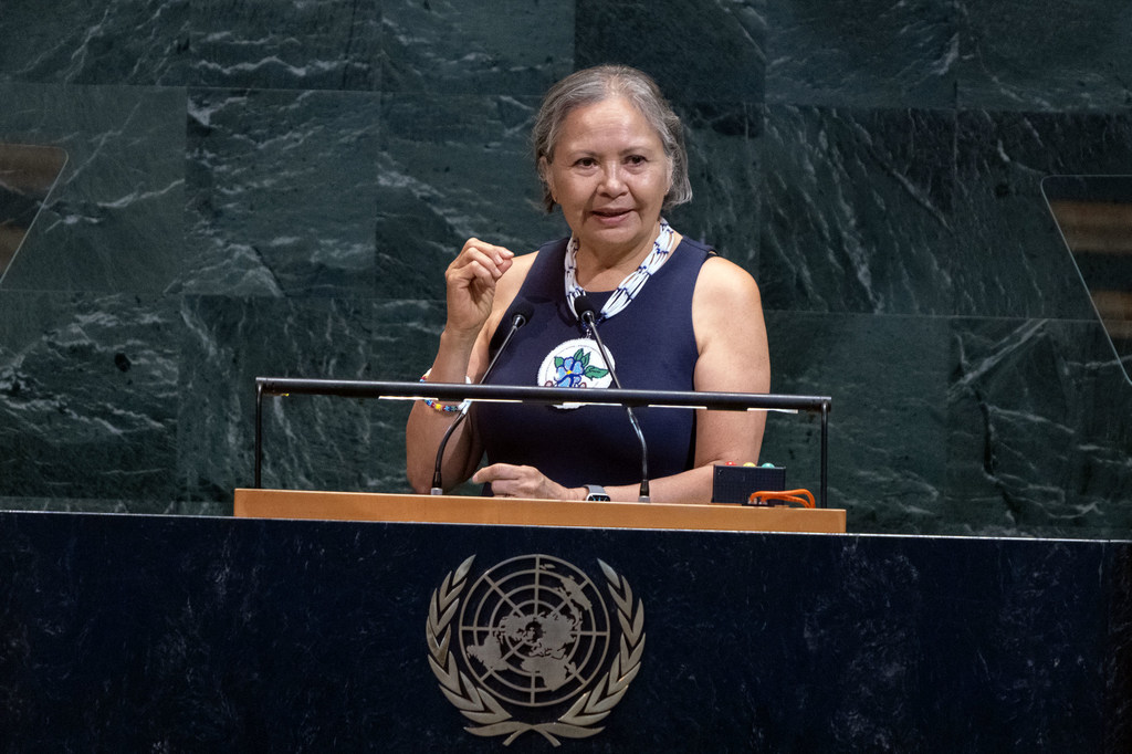 Brenda Reynolds, Nelson Mandela Prize awardee, speaks in the UN General Assembly hall on the observance of the annual Nelson Mandela International Day.