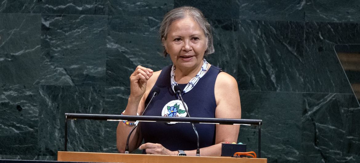 Brenda Reynolds, Nelson Mandela Prize awardee, speaks in the UN General Assembly hall on the observance of the annual Nelson Mandela International Day.