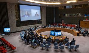 A wide view of the UN Security Council chamber as members meet on Sudan and South Sudan.