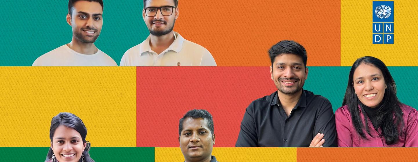 रंगीन पृष्ठभूमि के सामने छह युवा भारतीय उद्यमियों का कोलाज, जिसमें UNDP का लोगो दिखाई दे रहा है।