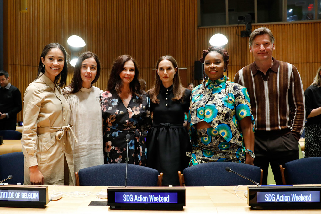From left to right, Sinead Bovell, Cecilia Suarez, Ashley Judd, Natalie Portman, Yemi Alade and Nikolaj Coster-Waldau, moderators and panelists of the Spotlight Initiative – Sustainable Development Goals Action Weekend 2023 session.