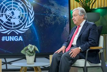 UN Secretary-General António Guterres is interviewed by Mita Hosali, Deputy Director of UN News and Media Division, News and Content Branch of the Department of Global Communications.