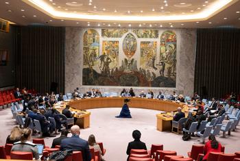 جانب من قاعة مجلس الأمن التابع للأمم المتحدة حيث يجتمع الأعضاء لمناقشة القضايا الدولية.