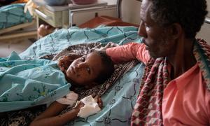 A ten-year-old boy, injured when he picked up a grenade, recovers at a hospital in Mekelle, the capital of the Tigray region in Ethiopia.