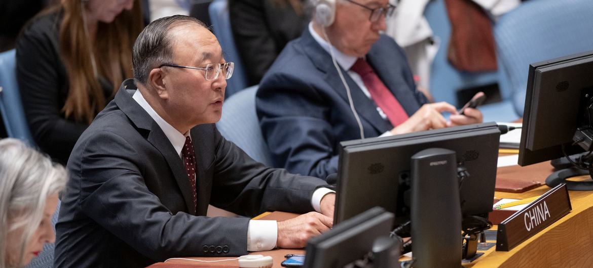 Ambassador Zhang Jun of China addresses the UN Security Council on the siituation in Middle East, including the Palestinian question.