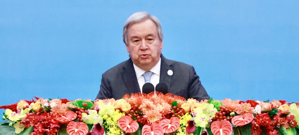 O secretário-geral, António Guterres, faz comentários na abertura do Fórum do Cinturão e Rota em Pequim