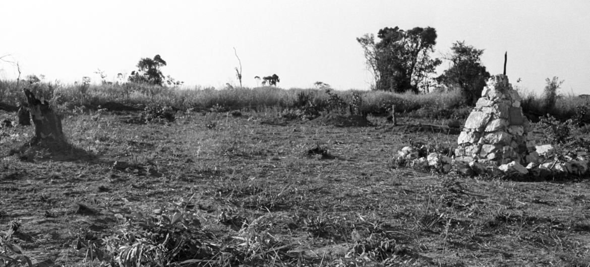 View of the field at Ndola, Zambia, where the plane carrying Mr. Hammarskjöld and his party crashed the night of 17-18 September, 1961; the site is marked by a cairn.