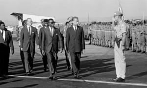 UN Secretary-General Dag Hammarskjöld arrived in Leopoldville on 13 September 1961, upon invitation of Premier Cyrille Adoula, to discuss support to the Republic of the Congo. At his side is Premier Adoula.