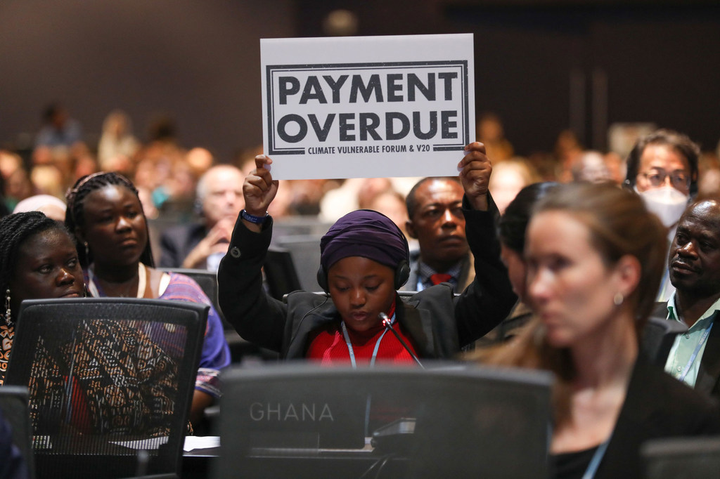 On the scheduled final day of COP27 in Sharm el-Sheikh, Egypt, young Ghanaian activist Nakeeyat Dramani Sam spoke about the terrible impact of climate change on her country, while holding up a sign that said, “Payment Overdue.”