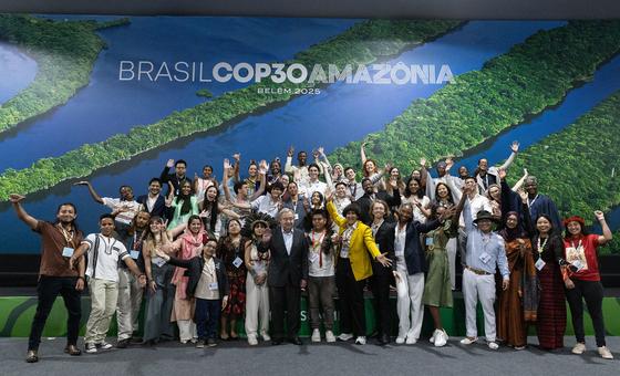 Participants during UN Secretary-General António Guterres’s Youth Roundtable at COP30 in Belém, Brazil.