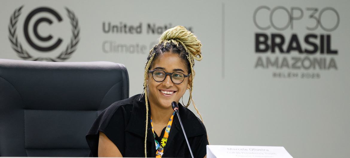 COP30 Youth Climate Champion, Marcele Oliveira, speaks at the UN Climate Change Conference taking place in Belém, Brazil.