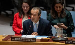 UN Assistant Secretary-General Mohamed Khaled Khiari addresses the Security Council meeting on the situation in Palestine.